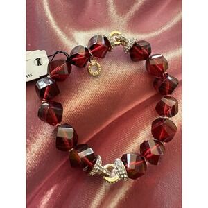 Vintage Anne Klein Red Faceted Bead ElasticBracelet Gold Tone Pave Crystal Charm